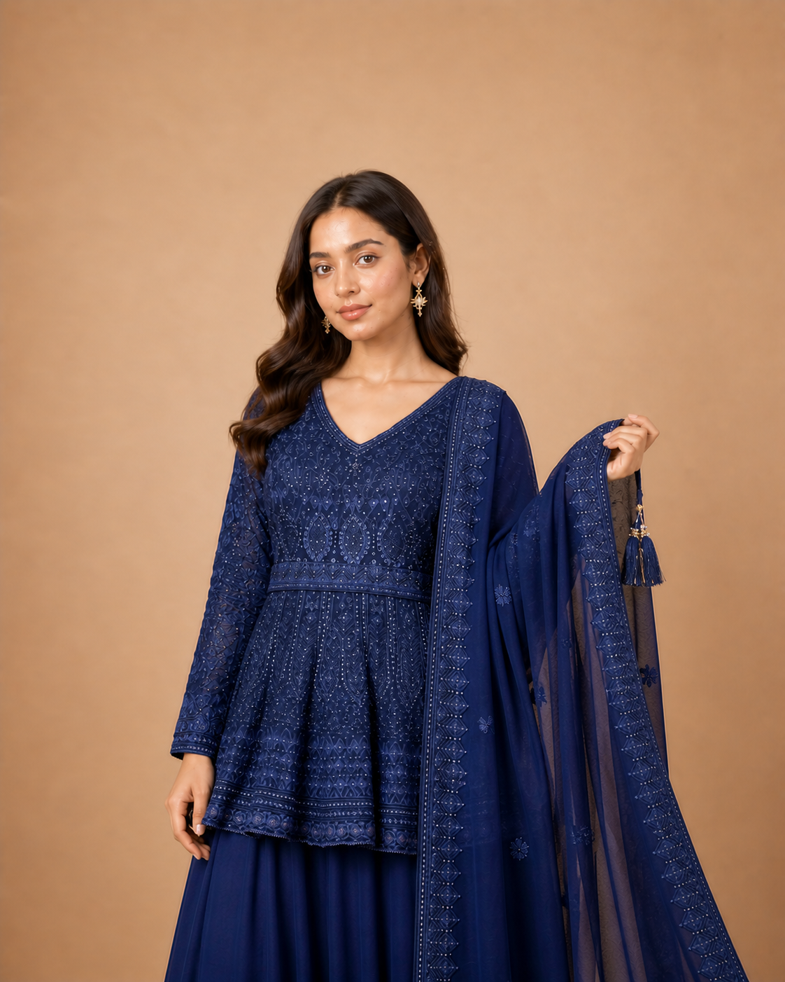 Navy Blue Sequins Work Peplum Lehenga Choli with Soft Net Dupatta