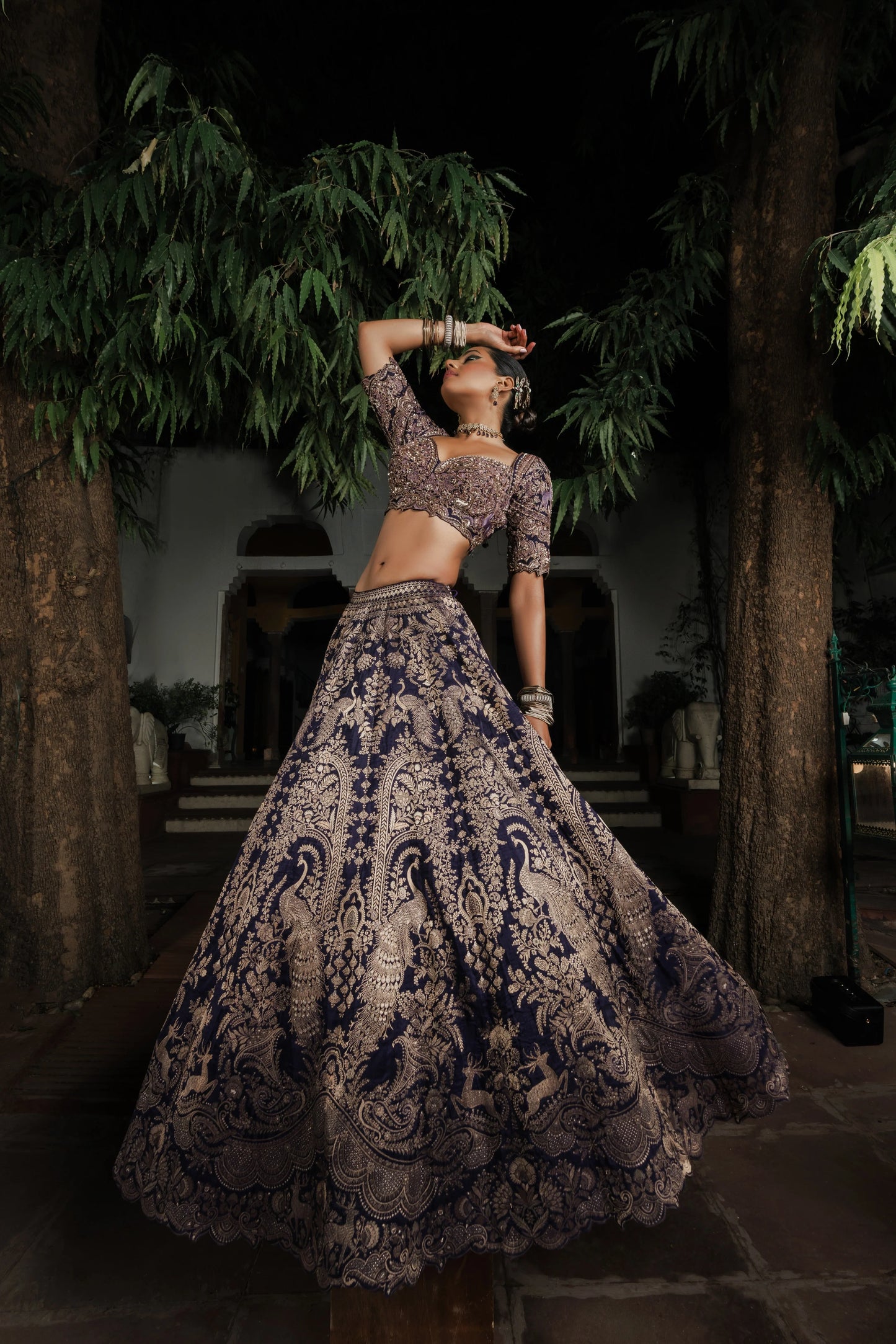 Navy Blue Silk Lehenga with Antique Zardosi and Resham Work