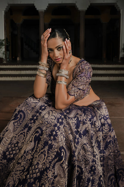 Navy Blue Silk Lehenga with Antique Zardosi and Resham Work