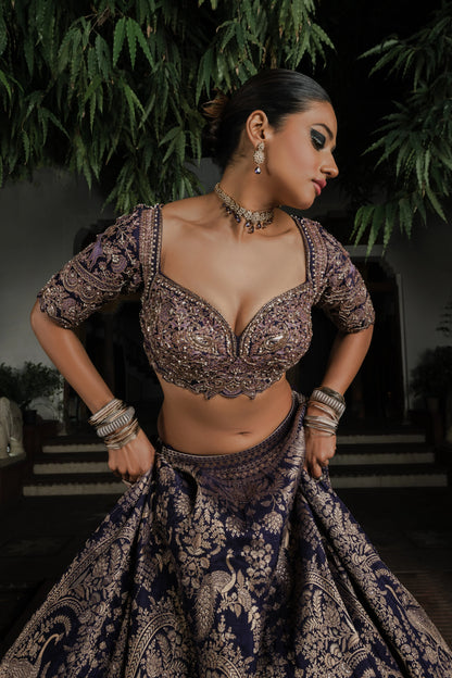 Navy Blue Silk Lehenga with Antique Zardosi and Resham Work