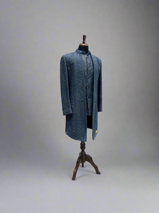 Navy Blue Textured Indo-Western with Zig-Zag Weave