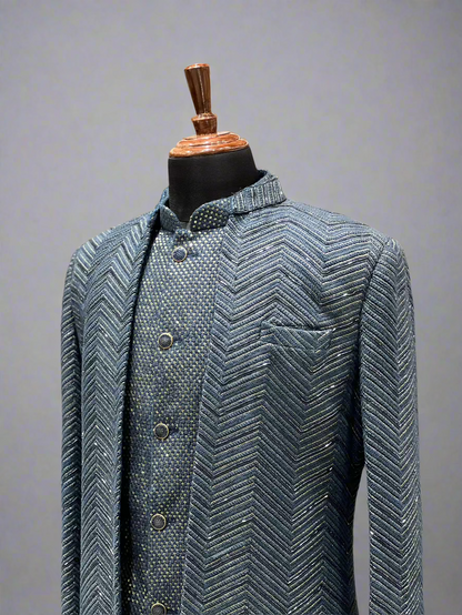 Navy Blue Textured Indo-Western with Zig-Zag Weave
