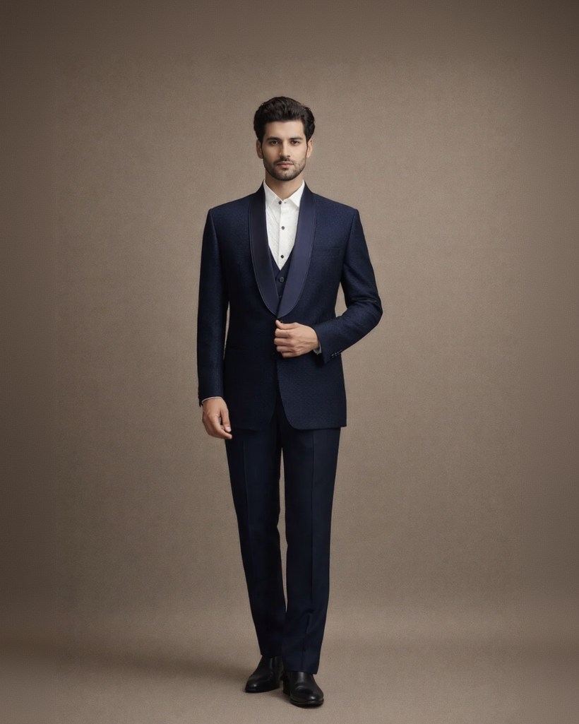 Navy Blue Textured Tuxedo Suit