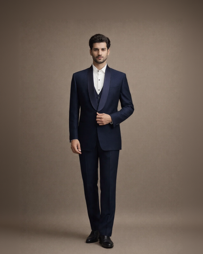 Navy Blue Textured Tuxedo Suit