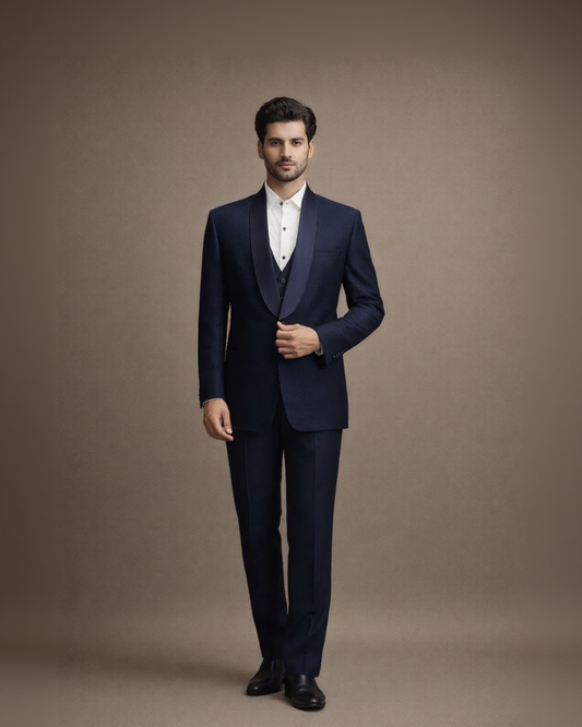 Navy Blue Textured Tuxedo Suit