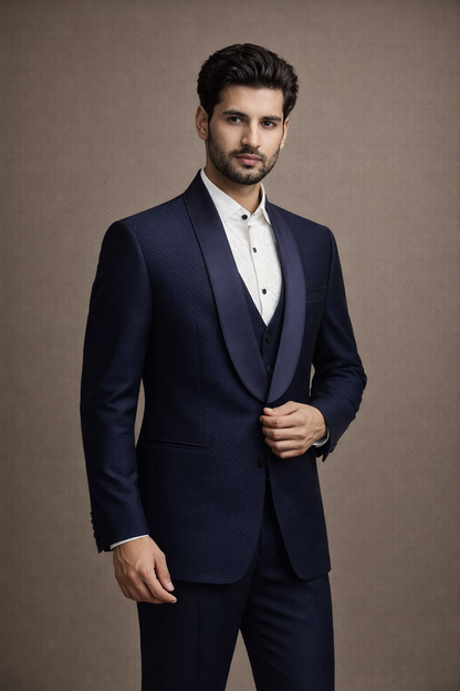Navy Blue Textured Tuxedo Suit
