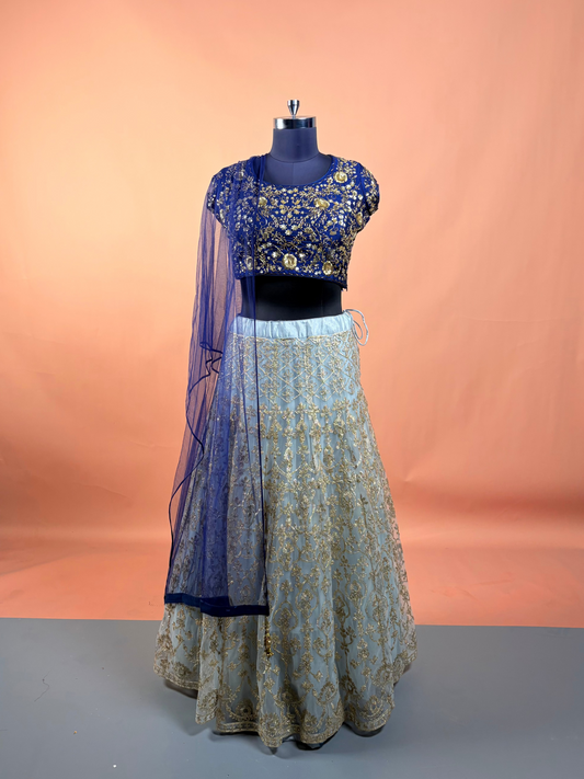Navy Blue & Gold Embroidered Lehenga Set with Net Dupatta