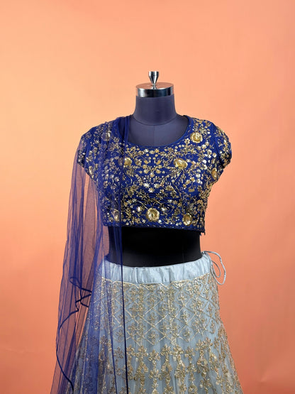 Navy Blue & Gold Embroidered Lehenga Set with Net Dupatta