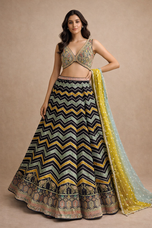 Navy Blue, Mustard Yellow & Sage Green Chevron Printed Lehenga with Multicolor Embroidered Blouse and Dual Tone Dupatta
