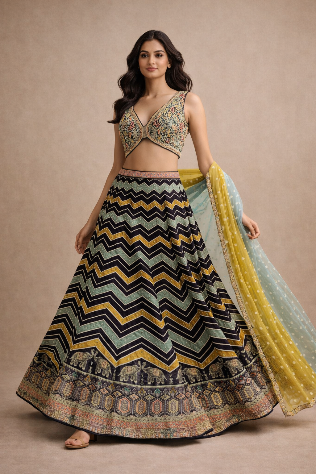 Navy Blue, Mustard Yellow & Sage Green Chevron Printed Lehenga with Multicolor Embroidered Blouse and Dual Tone Dupatta