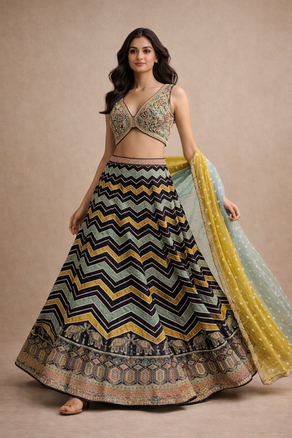 Navy Blue, Mustard Yellow & Sage Green Chevron Printed Lehenga with Multicolor Embroidered Blouse and Dual Tone Dupatta