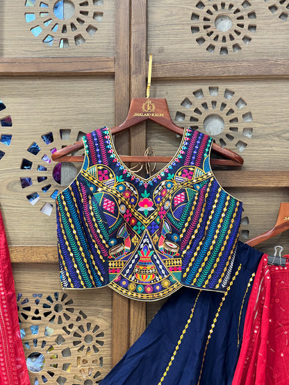 Navy Blue & Red Multicolor Embroidered Chaniya Choli