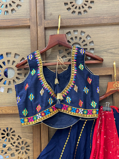 Navy Blue & Red Multicolor Embroidered Chaniya Choli