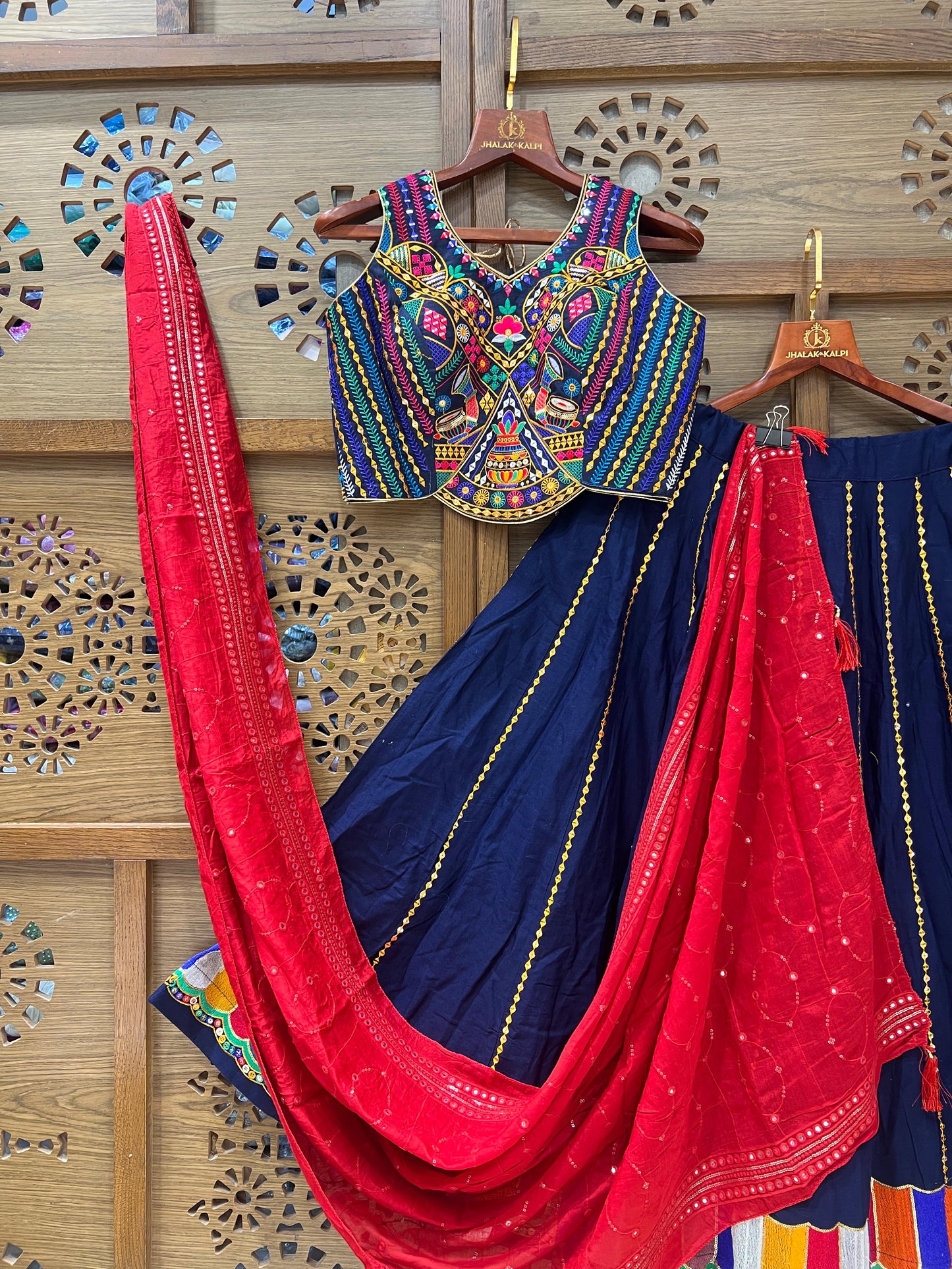 Navy Blue & Red Multicolor Embroidered Chaniya Choli