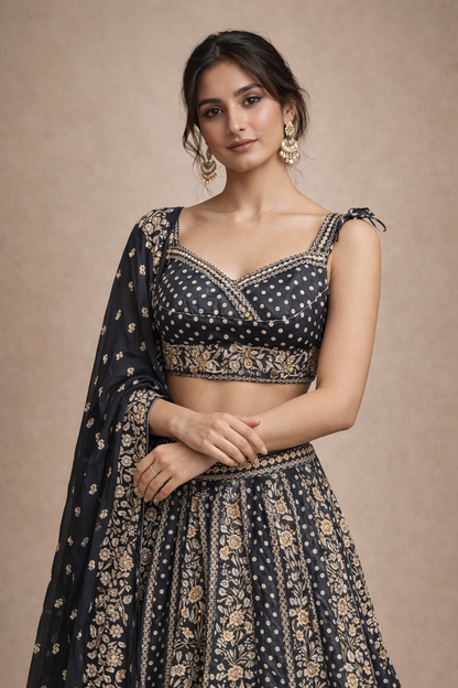 Navy Blue and Antique Gold Embroidered Designer Lehenga Choli