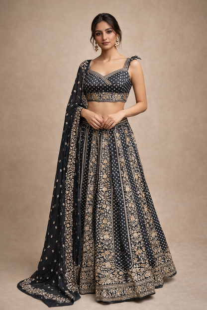 Navy Blue and Antique Gold Embroidered Designer Lehenga Choli