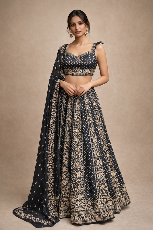 Navy Blue and Antique Gold Embroidered Designer Lehenga Choli