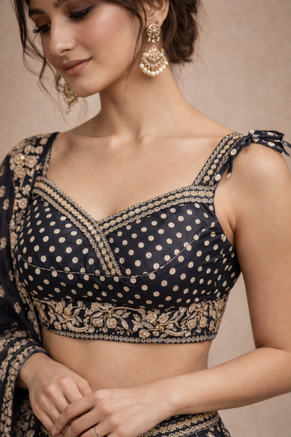 Navy Blue and Antique Gold Embroidered Designer Lehenga Choli