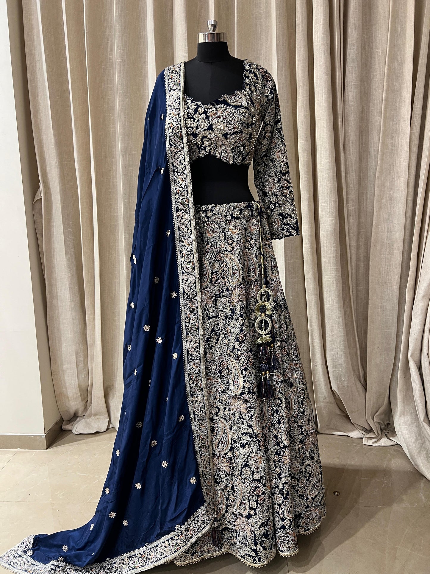 Navy Blue and Silver Embroidered Kashmiri Work Lehenga Choli