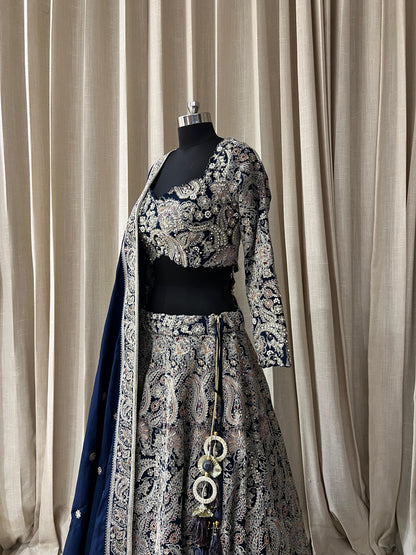 Navy Blue and Silver Embroidered Kashmiri Work Lehenga Choli