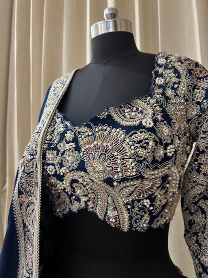 Navy Blue and Silver Embroidered Kashmiri Work Lehenga Choli