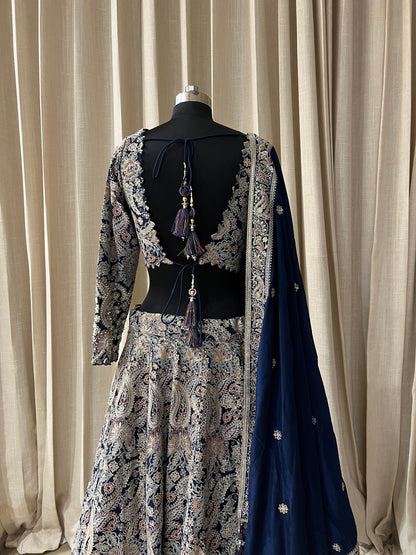 Navy Blue and Silver Embroidered Kashmiri Work Lehenga Choli