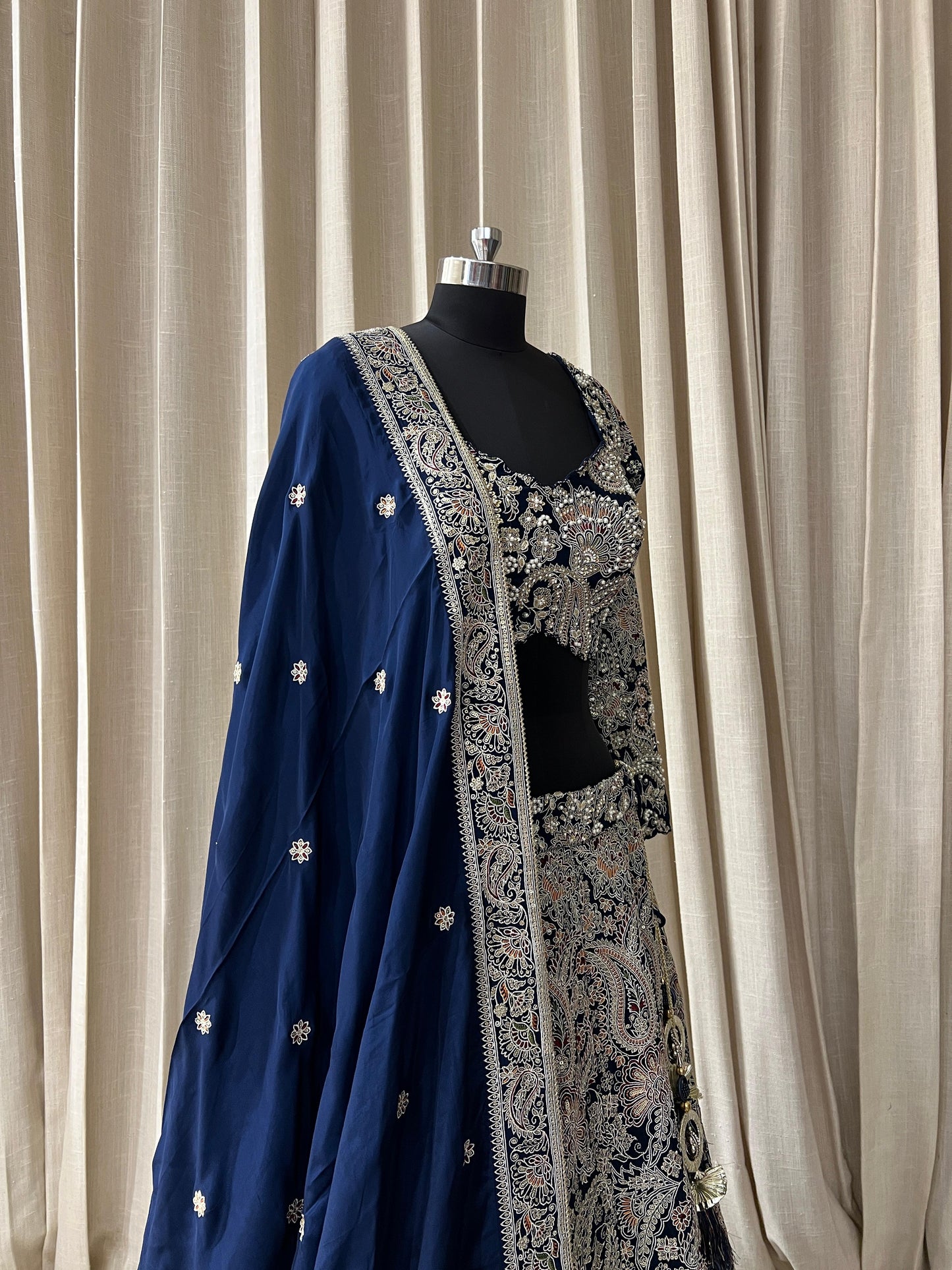 Navy Blue and Silver Embroidered Kashmiri Work Lehenga Choli