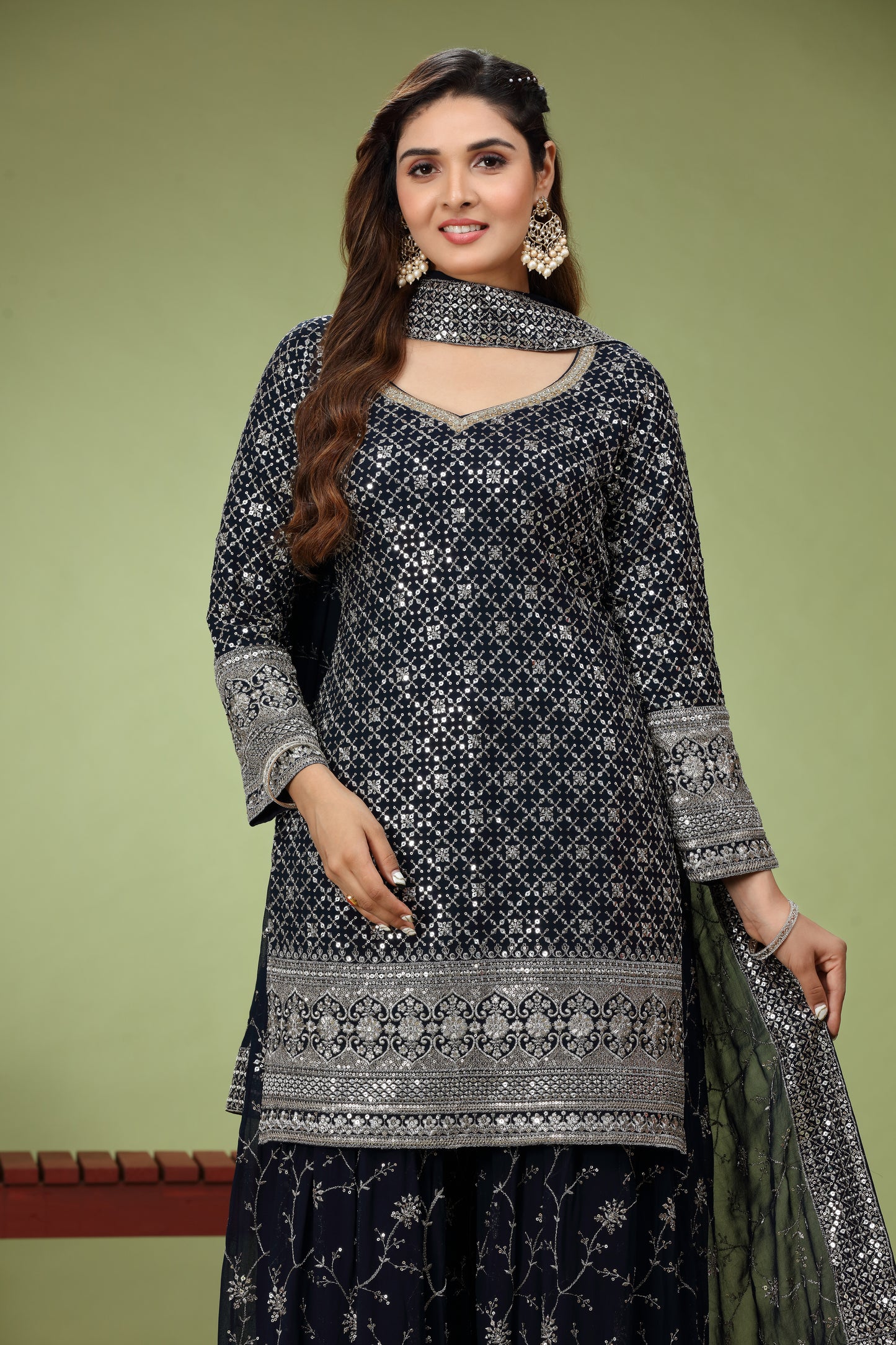 Navy Blue Embroidered Patiala Kurti and Sharara set