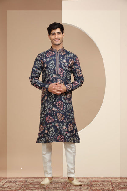 Navy Blue Flower Printed Kurta Set