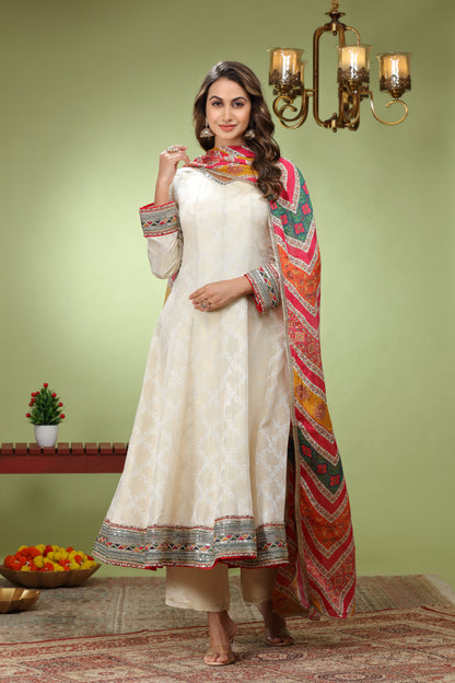 Off-White  Embroidered Anarkali Suit with Printed Dupatta