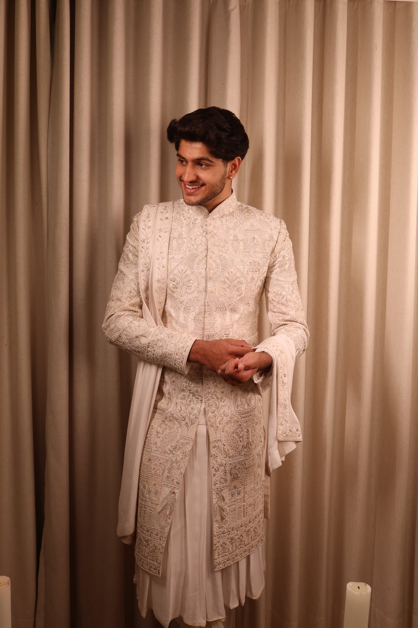 Off White Hand Crafted Groom Sherwani