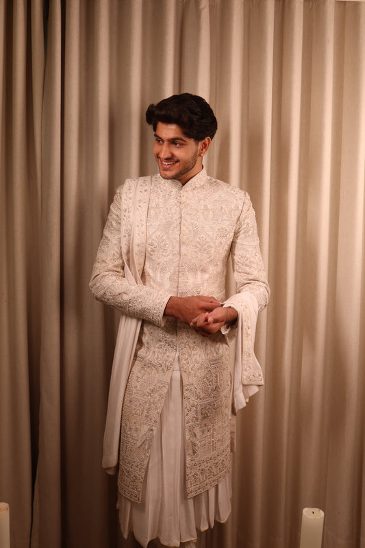 Off White Hand Crafted Groom Sherwani