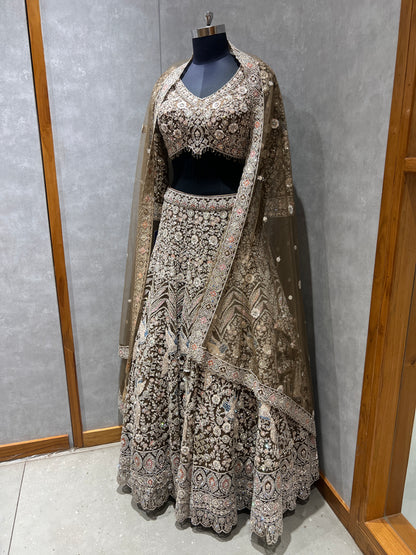 Olive Brown Heavy Embroidered Bridal Lehenga Set