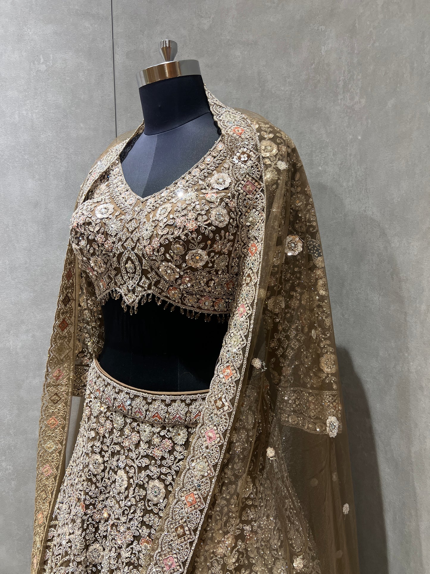 Olive Brown Heavy Embroidered Bridal Lehenga Set