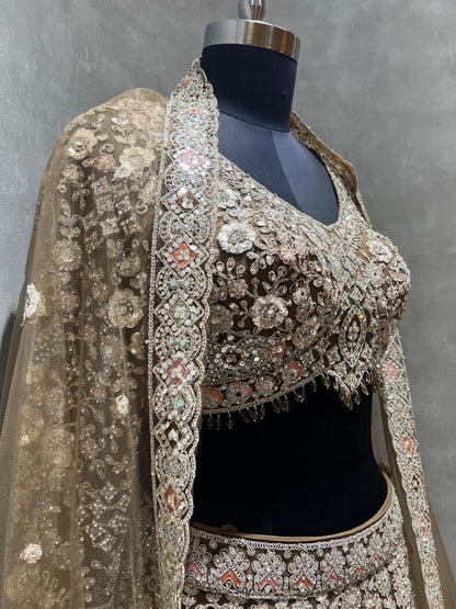 Olive Brown Heavy Embroidered Bridal Lehenga Set
