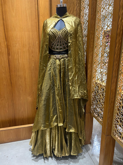 Olive Gold Metallic Drape Lehenga Set with Embroidered Bustier and Cape