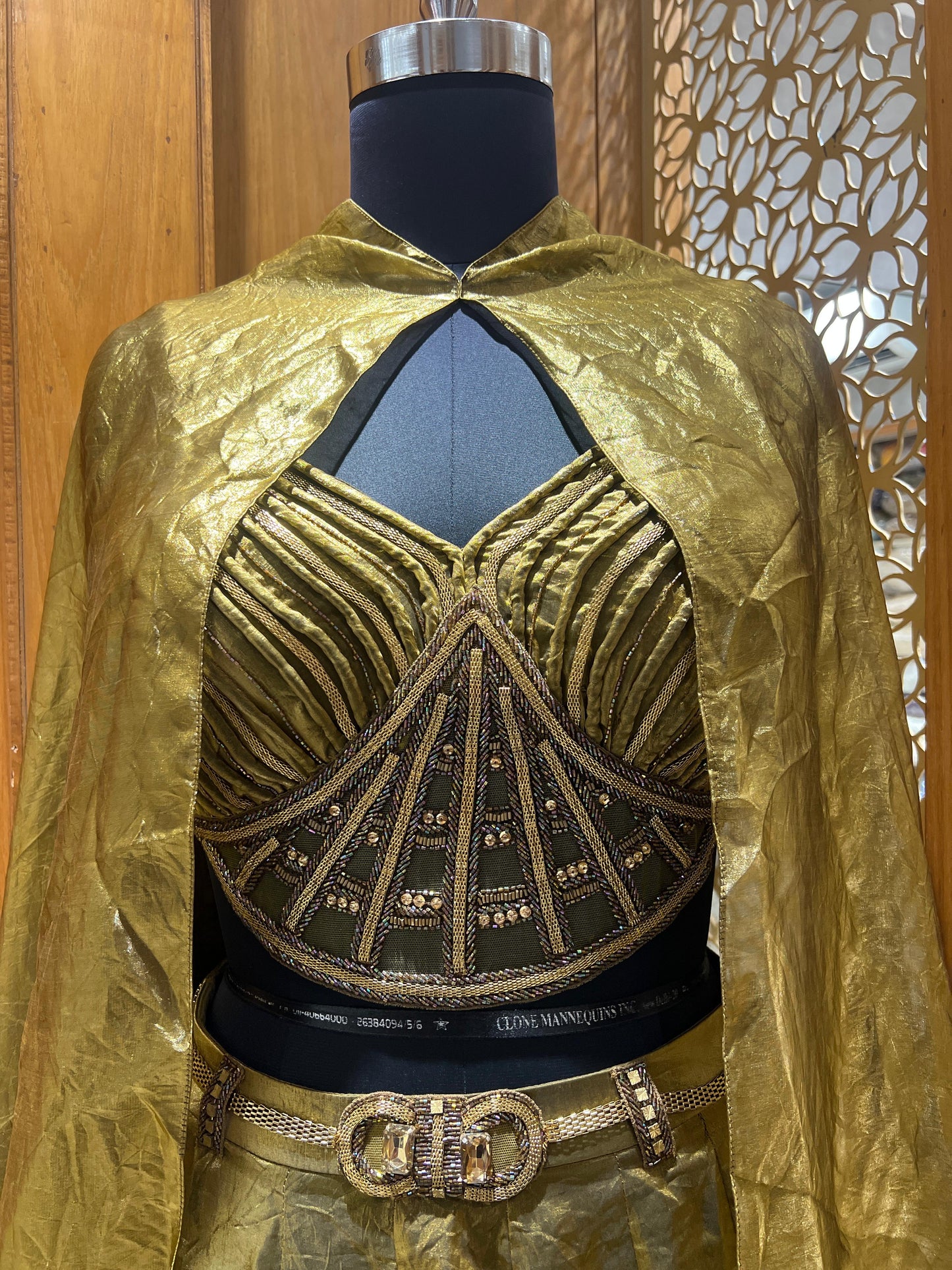 Olive Gold Metallic Drape Lehenga Set with Embroidered Bustier and Cape
