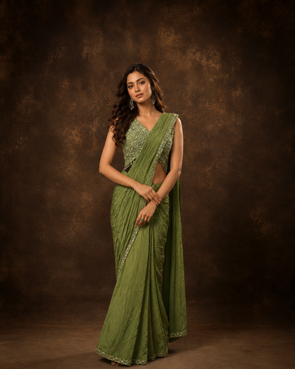 Olive Green Designer Saree with Hand Embroidered Sequins Blouse