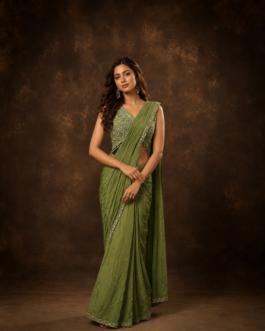 Olive Green Designer Saree with Hand Embroidered Sequins Blouse