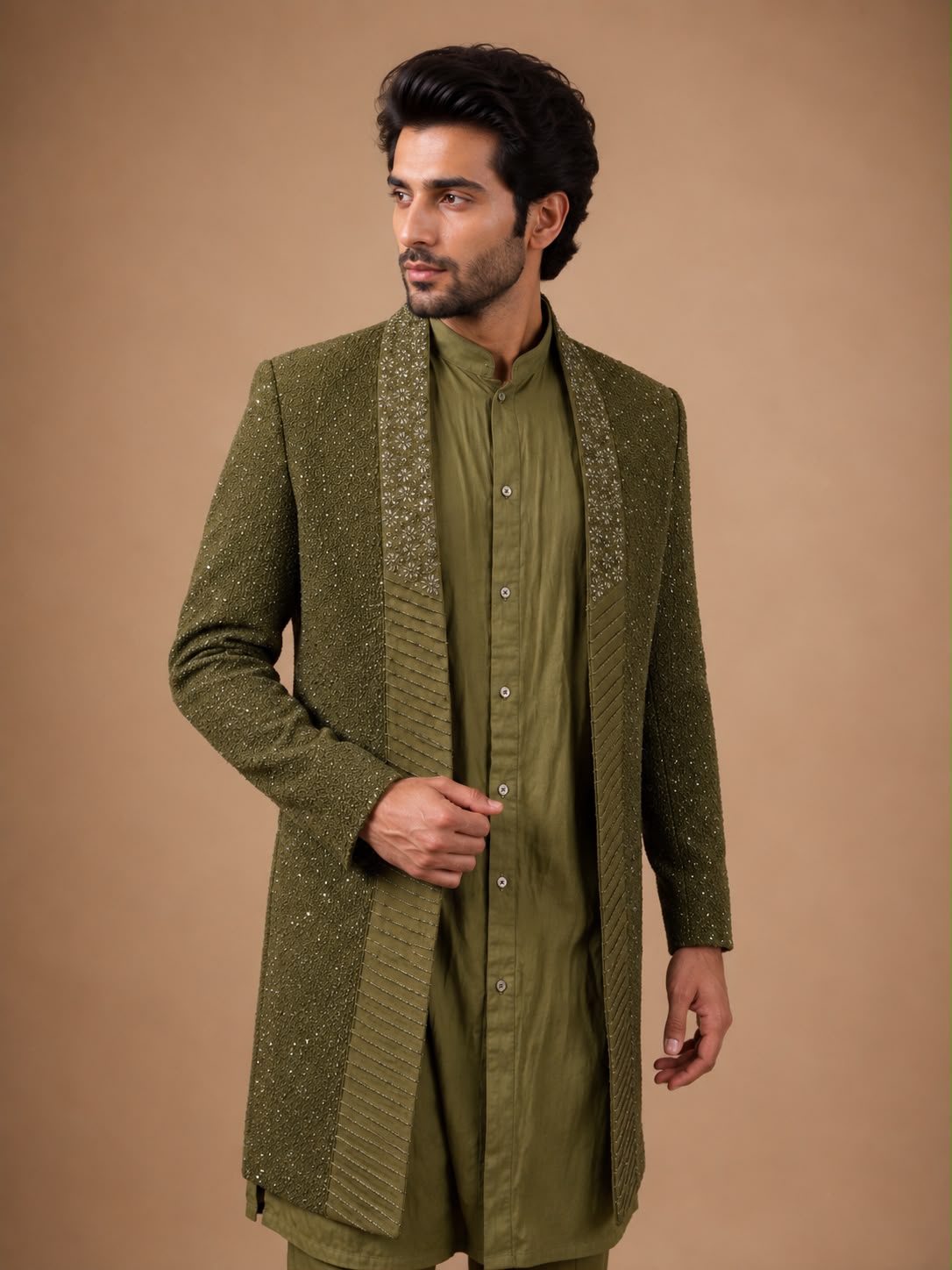Olive Green Embroidered Indo Western Set with Designer Open Front Jacket