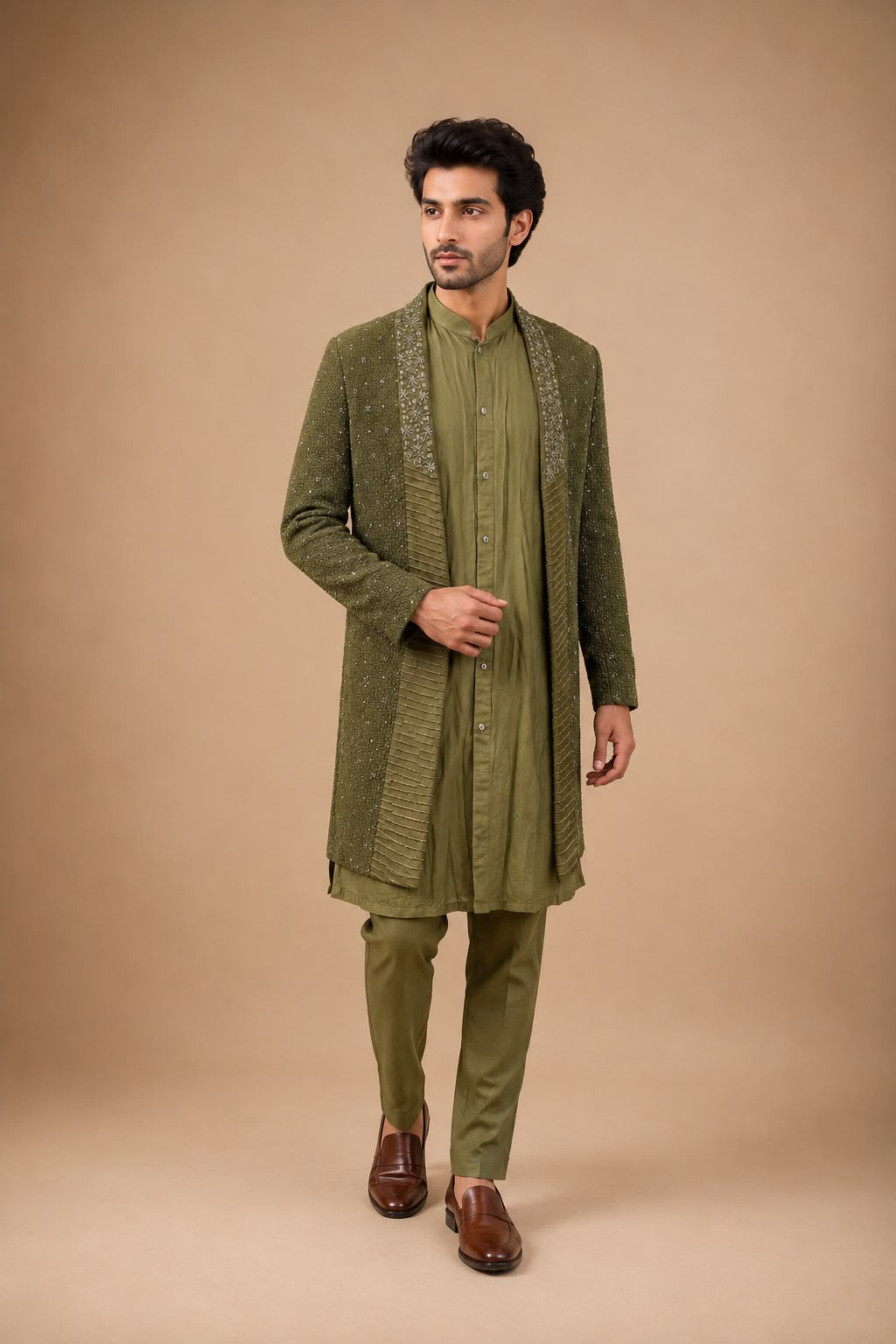 Olive Green Embroidered Indo Western Set with Designer Open Front Jacket