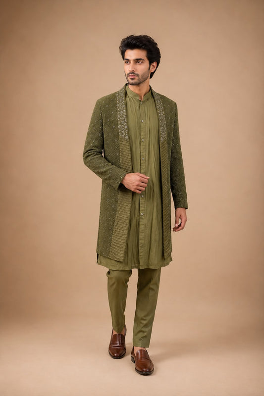 Olive Green Embroidered Indo Western Set with Designer Open Front Jacket