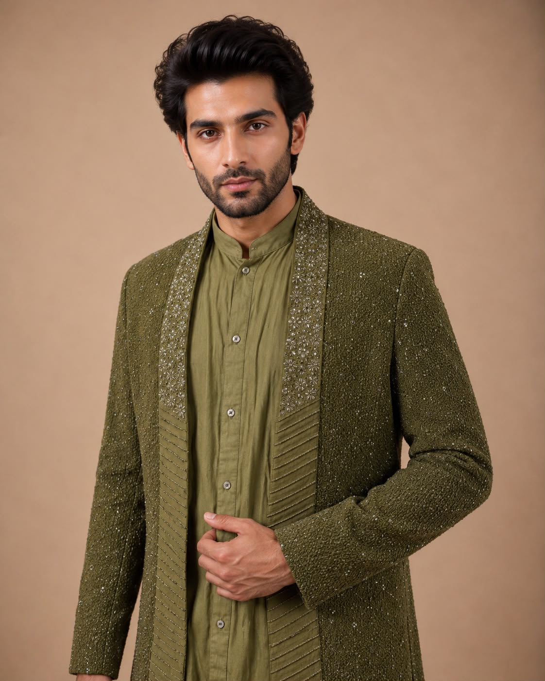 Olive Green Embroidered Indo Western Set with Designer Open Front Jacket