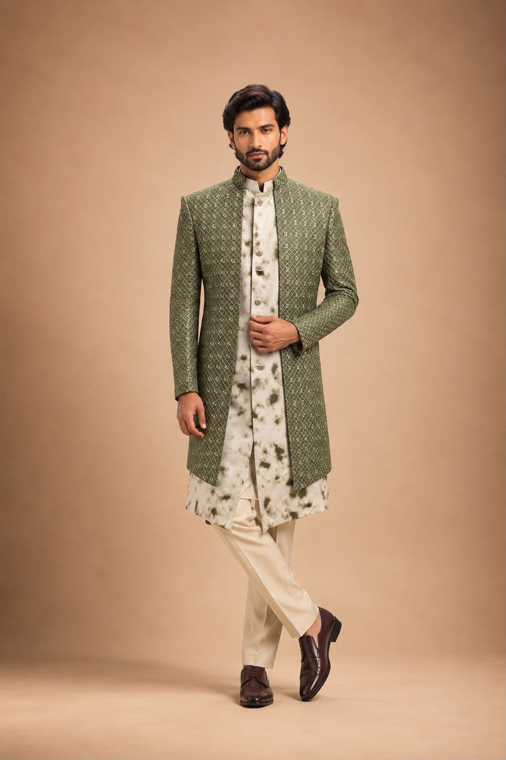 Olive Green Embroidered Indo Western Set with Tie Dye Kurta