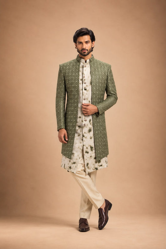 Olive Green Embroidered Indo Western Set with Tie Dye Kurta