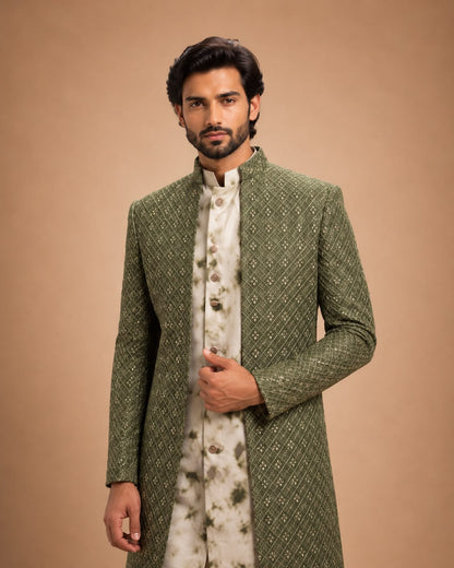 Olive Green Embroidered Indo Western Set with Tie Dye Kurta