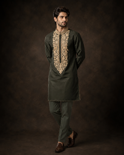 Olive Green Embroidered Kurta for Men with Peacock and Floral Motif Design