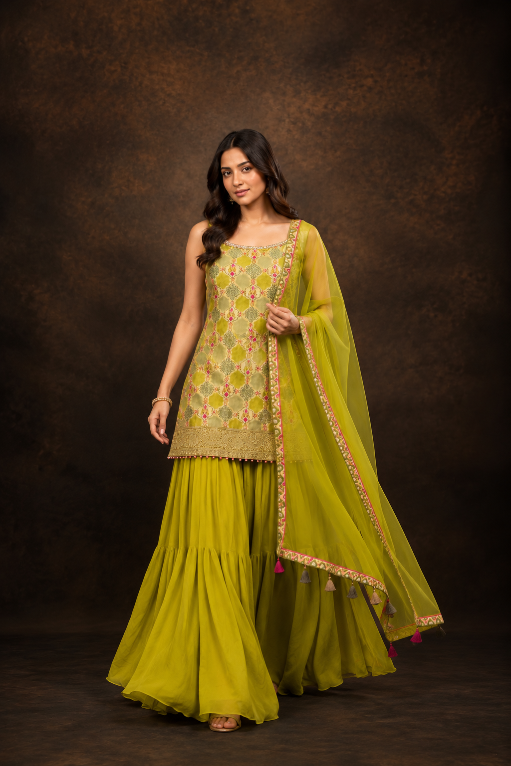 Olive Green Embroidered Kurti Sharara Set with Net Dupatta