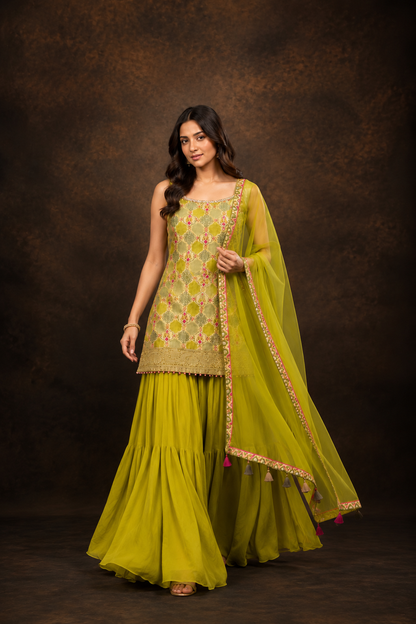 Olive Green Embroidered Kurti Sharara Set with Net Dupatta