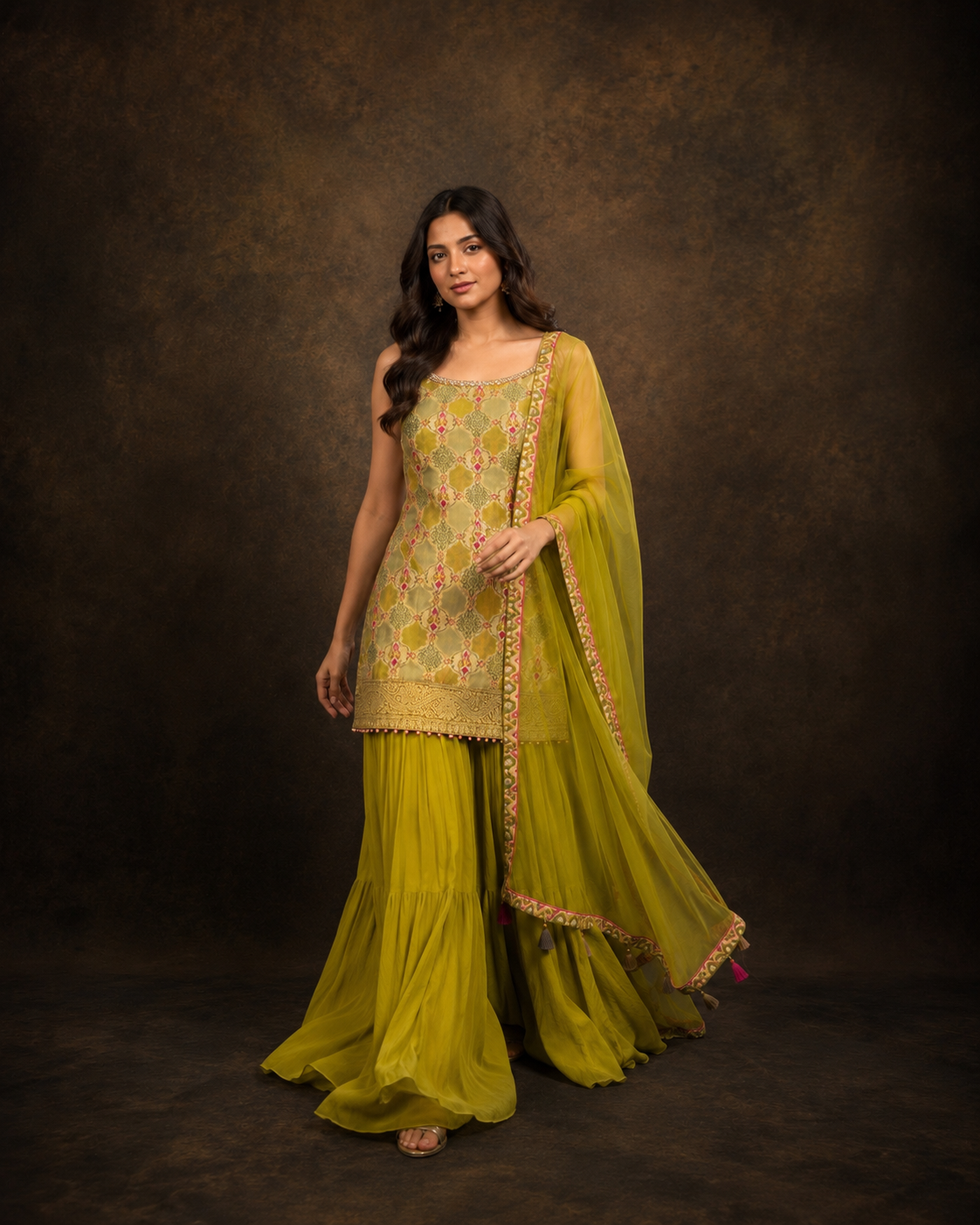 Olive Green Embroidered Kurti Sharara Set with Net Dupatta